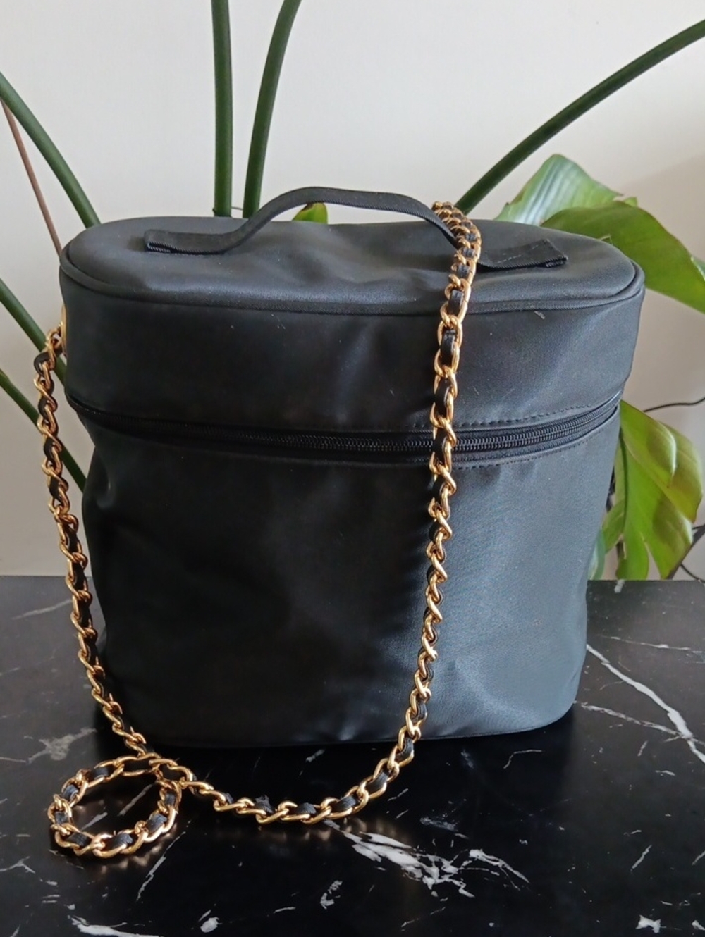 Black Crossbody Bag with Gold Chain Strap